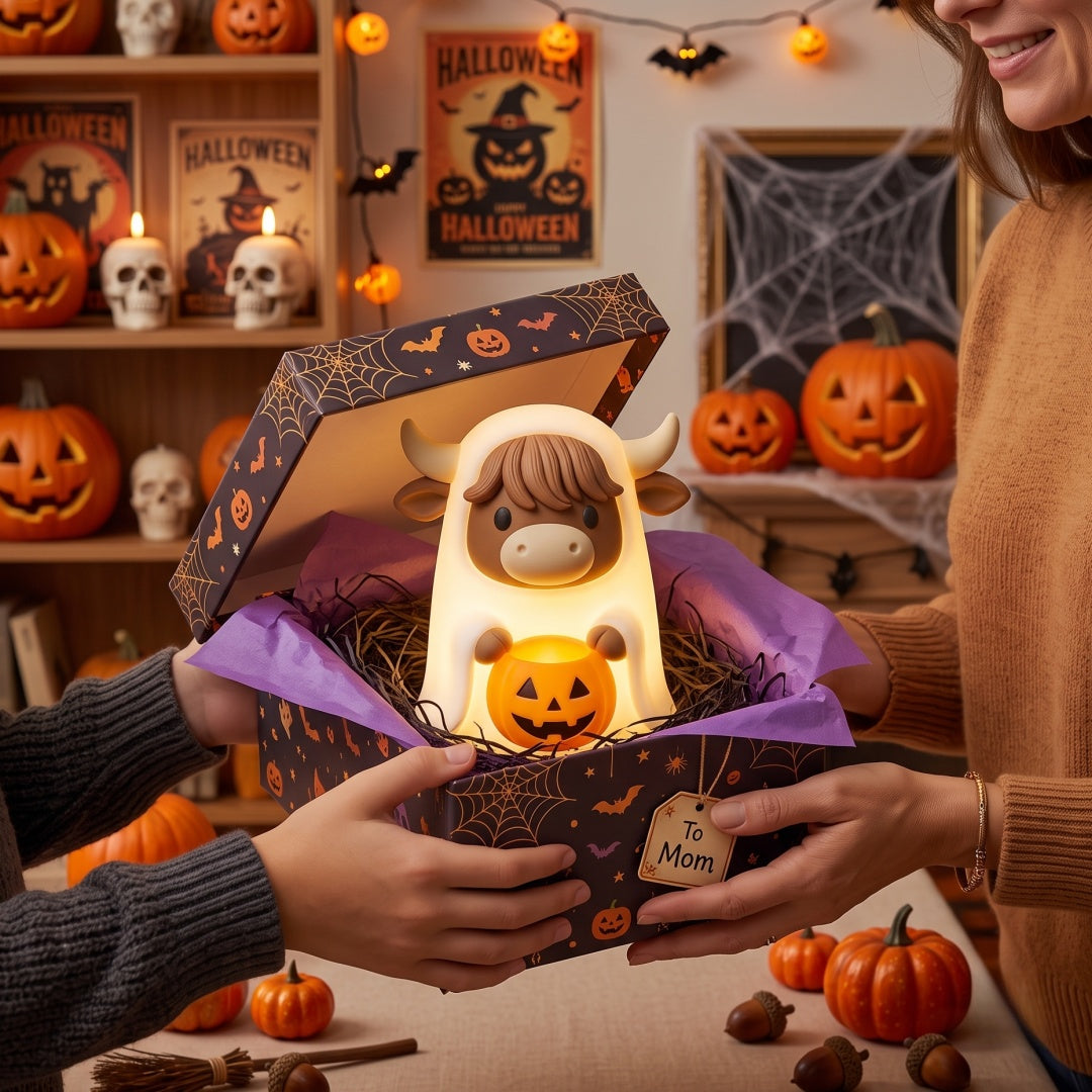 Highland Cow Ghost Pumpkin Night Light – Cute Warm Glow Halloween Lamp Gift for Farm & Cottage Lovers