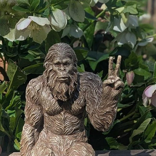 Bigfoot Peace Sign Sasquatch Yeti Statue Indoor/Outdoor for Patio, Deck, Home, Office 10 in H Shelf Sitter Figurine
