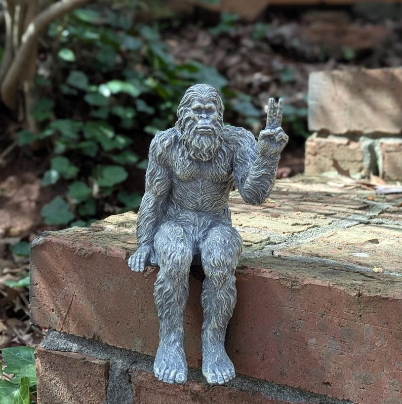 Bigfoot Peace Sign Sasquatch Yeti Statue Indoor/Outdoor for Patio, Deck, Home, Office 10 in H Shelf Sitter Figurine