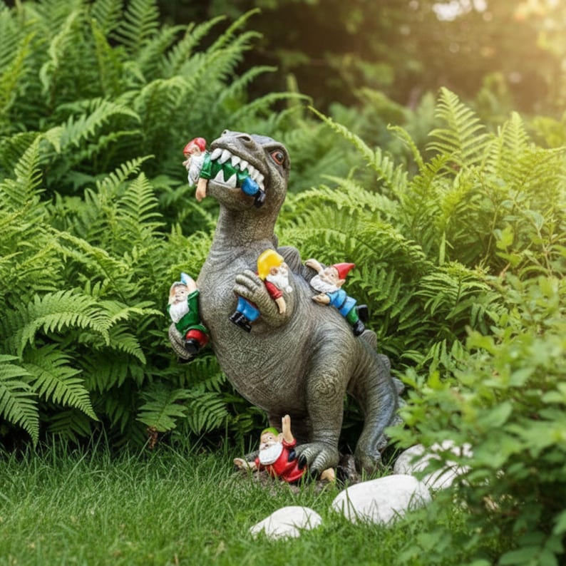Dinosaur vs Gnomes Yard Decor – Outdoor Garden Decor in Forward or Backward View