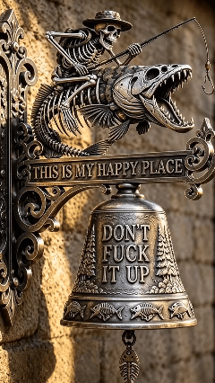 Metal Skeleton Fisherman Wall Bell -"This Is My Happy Place"Outdoor Decor