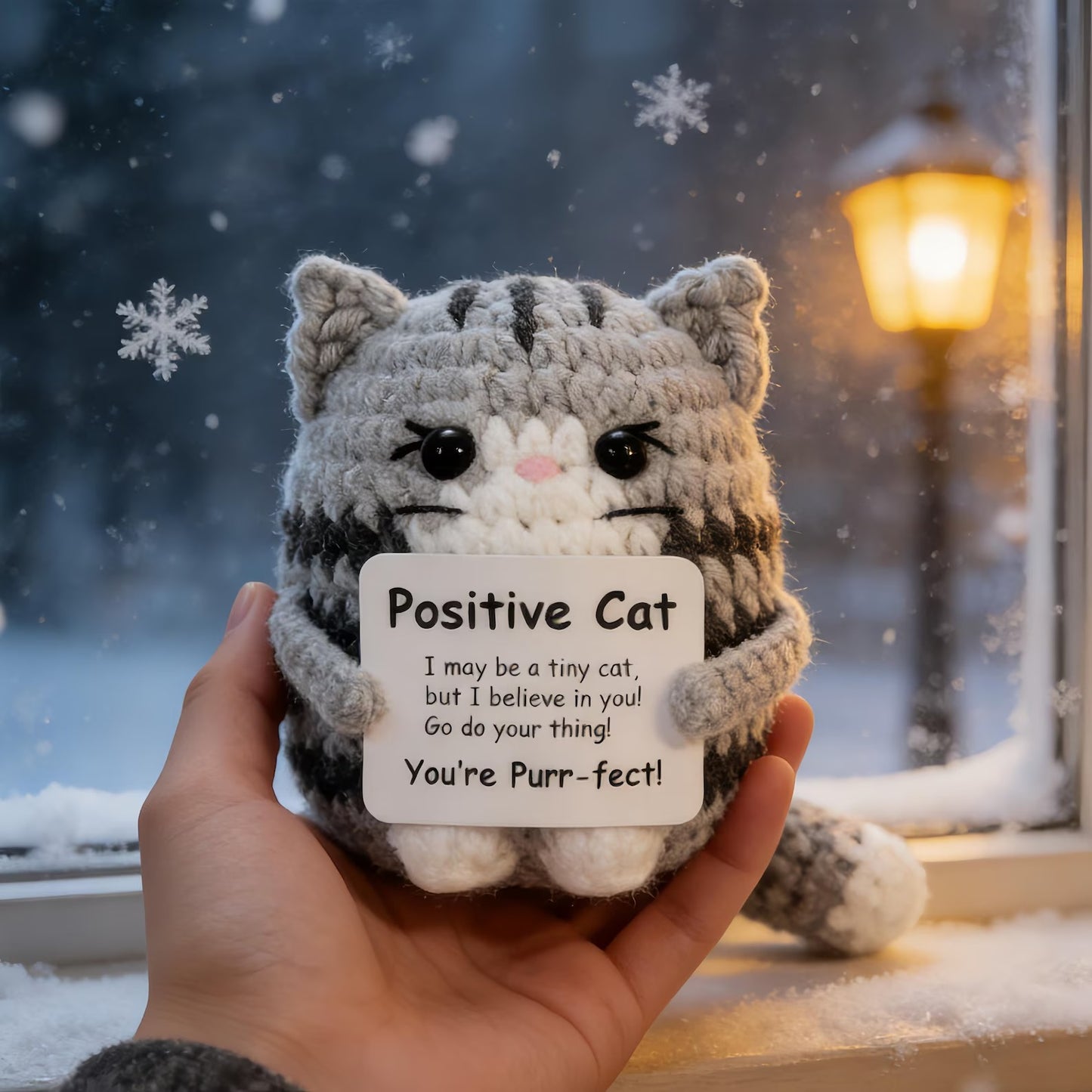 Handmade Crochet Cat with Positive Sign – For Friends, Coworkers & Cat Lovers