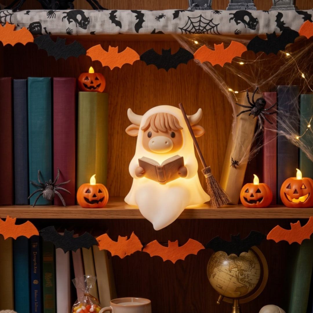 Reading Highland Cow Ghost Silicone Night Light – For Book Lovers, Mom & Grandma