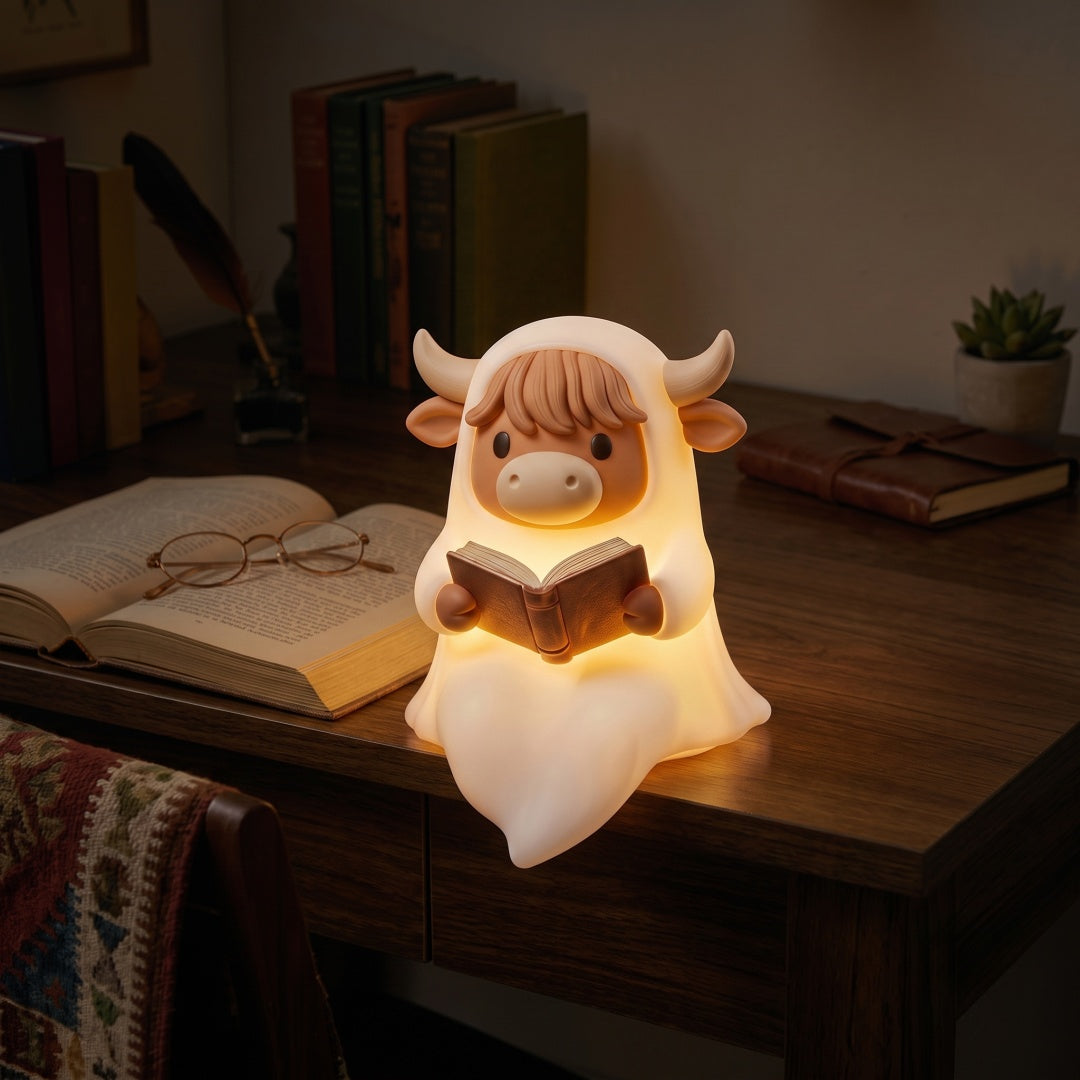 Reading Highland Cow Ghost Silicone Night Light – For Book Lovers, Mom & Grandma