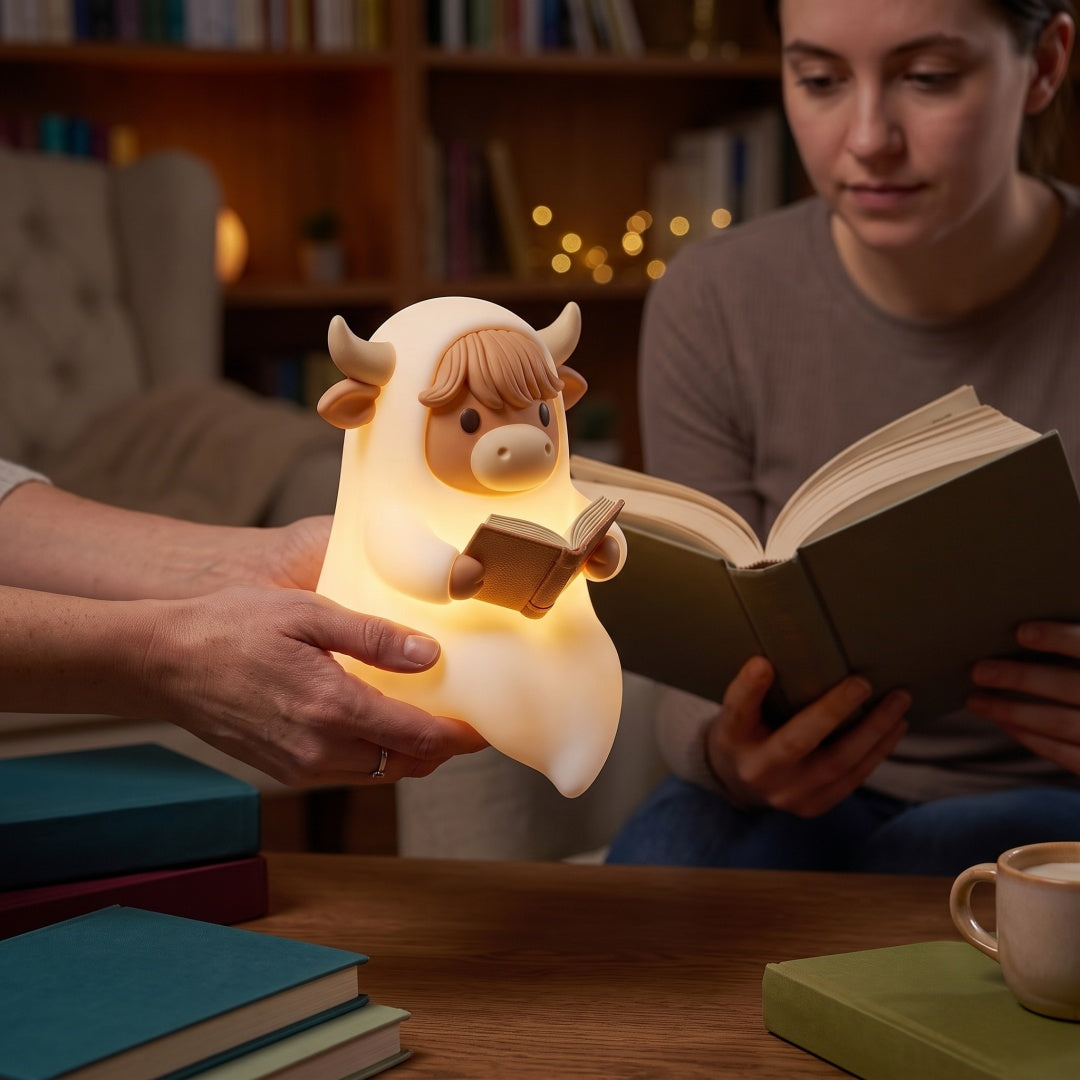 Reading Highland Cow Ghost Silicone Night Light – For Book Lovers, Mom & Grandma