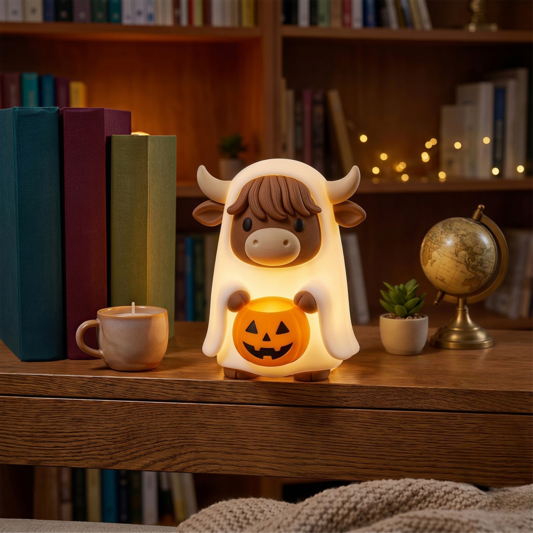 Highland Cow Ghost Pumpkin Night Light – Cute Warm Glow Halloween Lamp Gift for Farm & Cottage Lovers