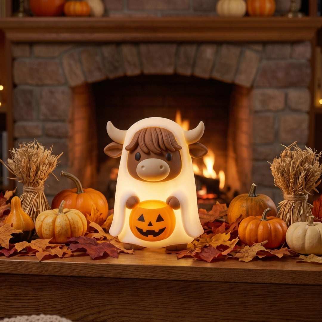 Highland Cow Ghost Pumpkin Night Light – Cute Warm Glow Halloween Lamp Gift for Farm & Cottage Lovers