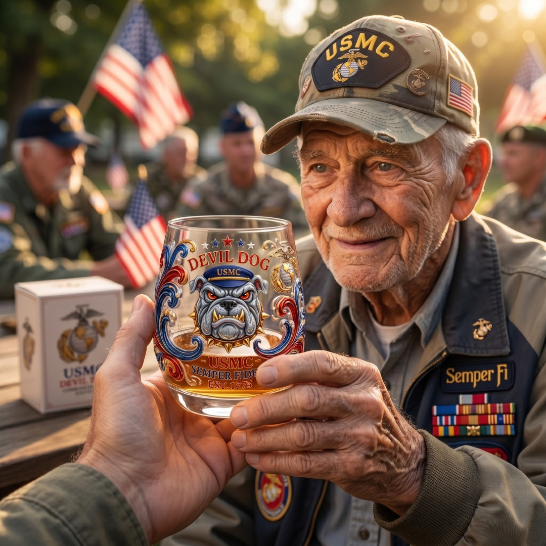 USMC Devil Dog Glass Commemorative Gift Set——Ffor Veterans, Active Marines & Military Families