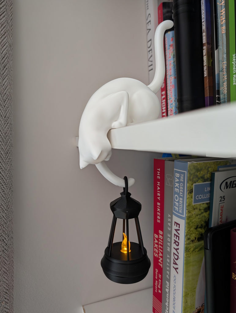 Black cat shelf ornament holding hanging flickering lantern For Cat Lovers & Bookworms