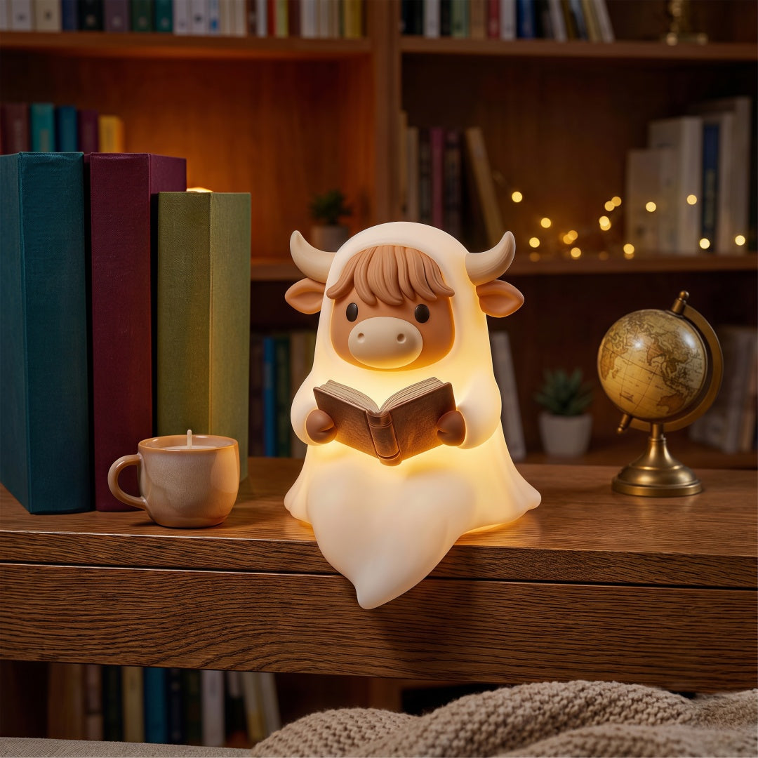 Highland Cow Ghost Pumpkin Night Light – Cute Warm Glow Halloween Lamp Gift for Farm & Cottage Lovers