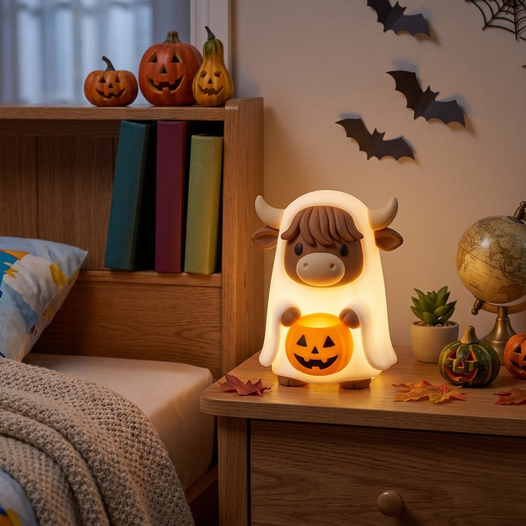 Highland Cow Ghost Pumpkin Night Light – Cute Warm Glow Halloween Lamp Gift for Farm & Cottage Lovers
