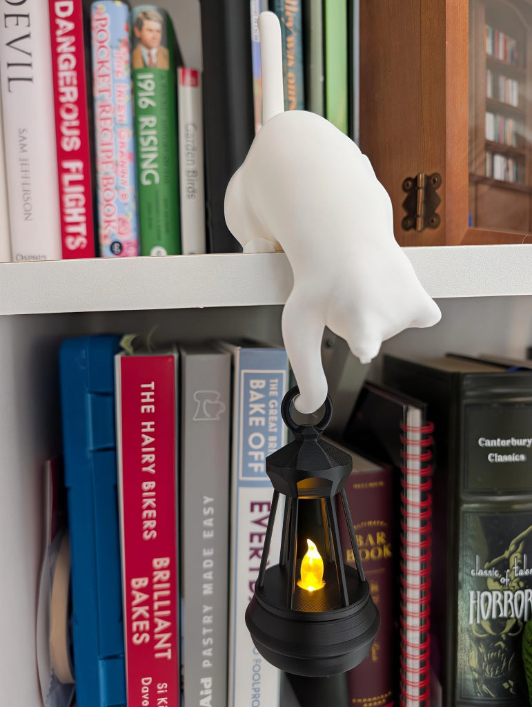 Black cat shelf ornament holding hanging flickering lantern For Cat Lovers & Bookworms