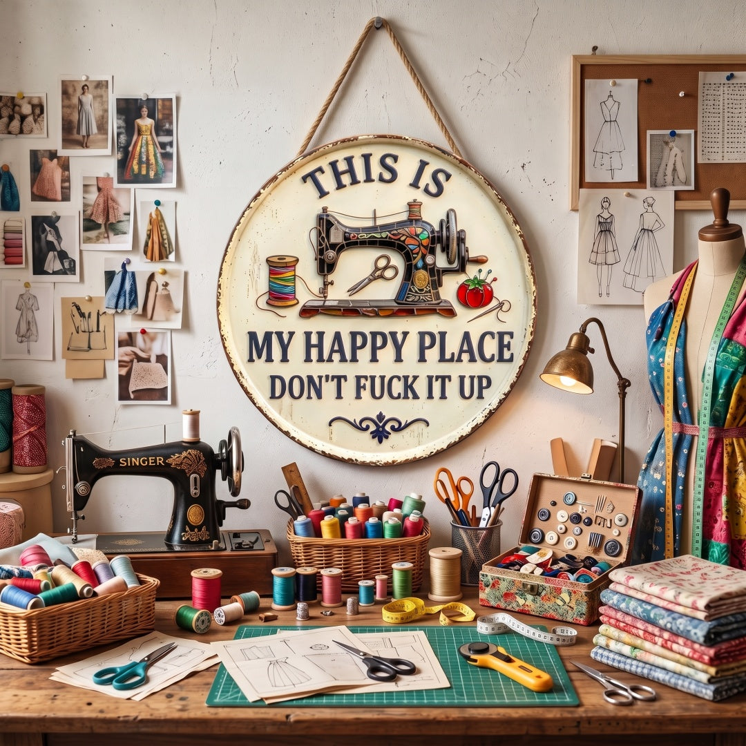Vintage Sewing Machine Round Metal Sign – “This Is My Happy Place” For Sewers, Quilters & Crafters
