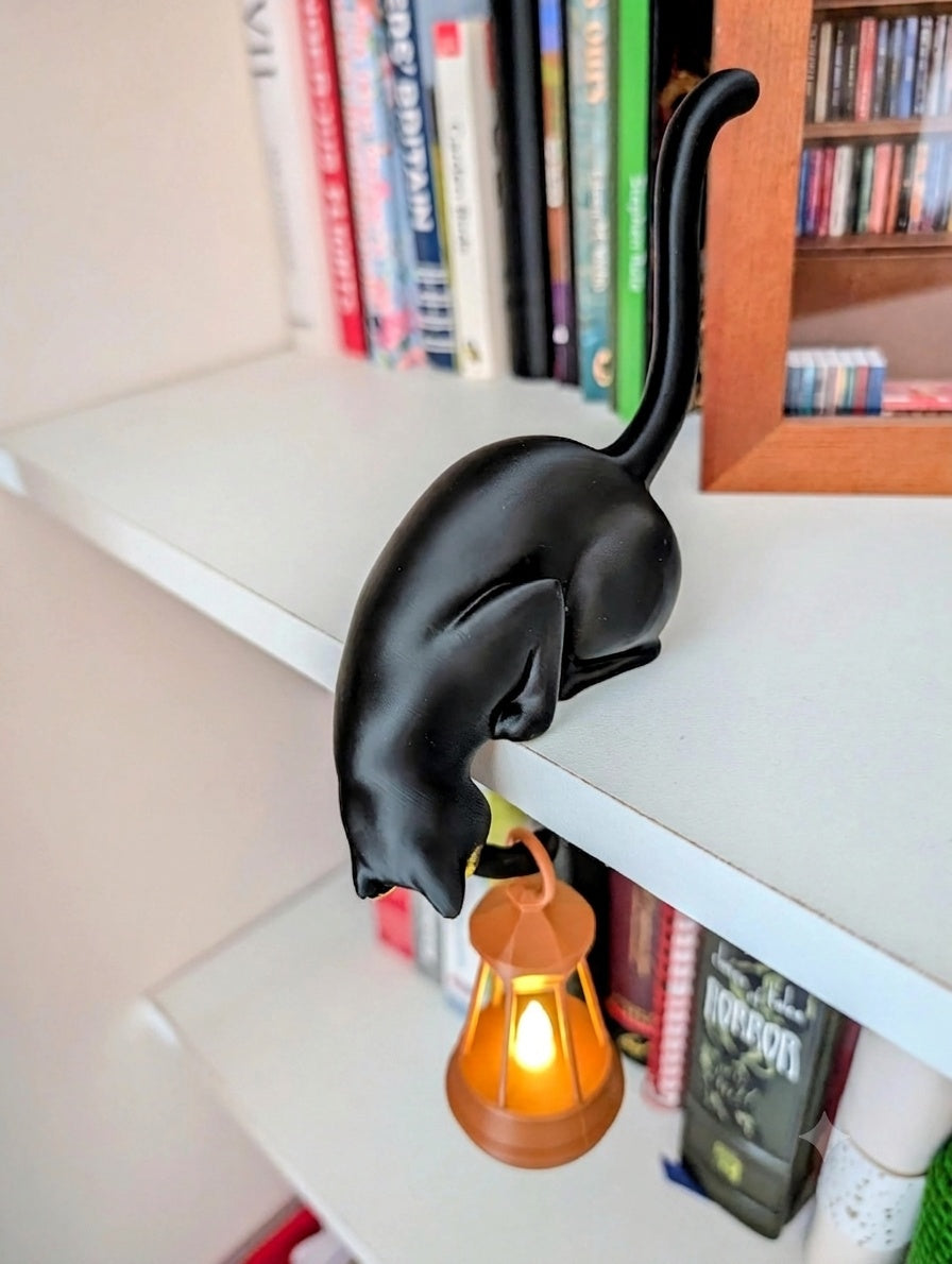 Black cat shelf ornament holding hanging flickering lantern For Cat Lovers & Bookworms