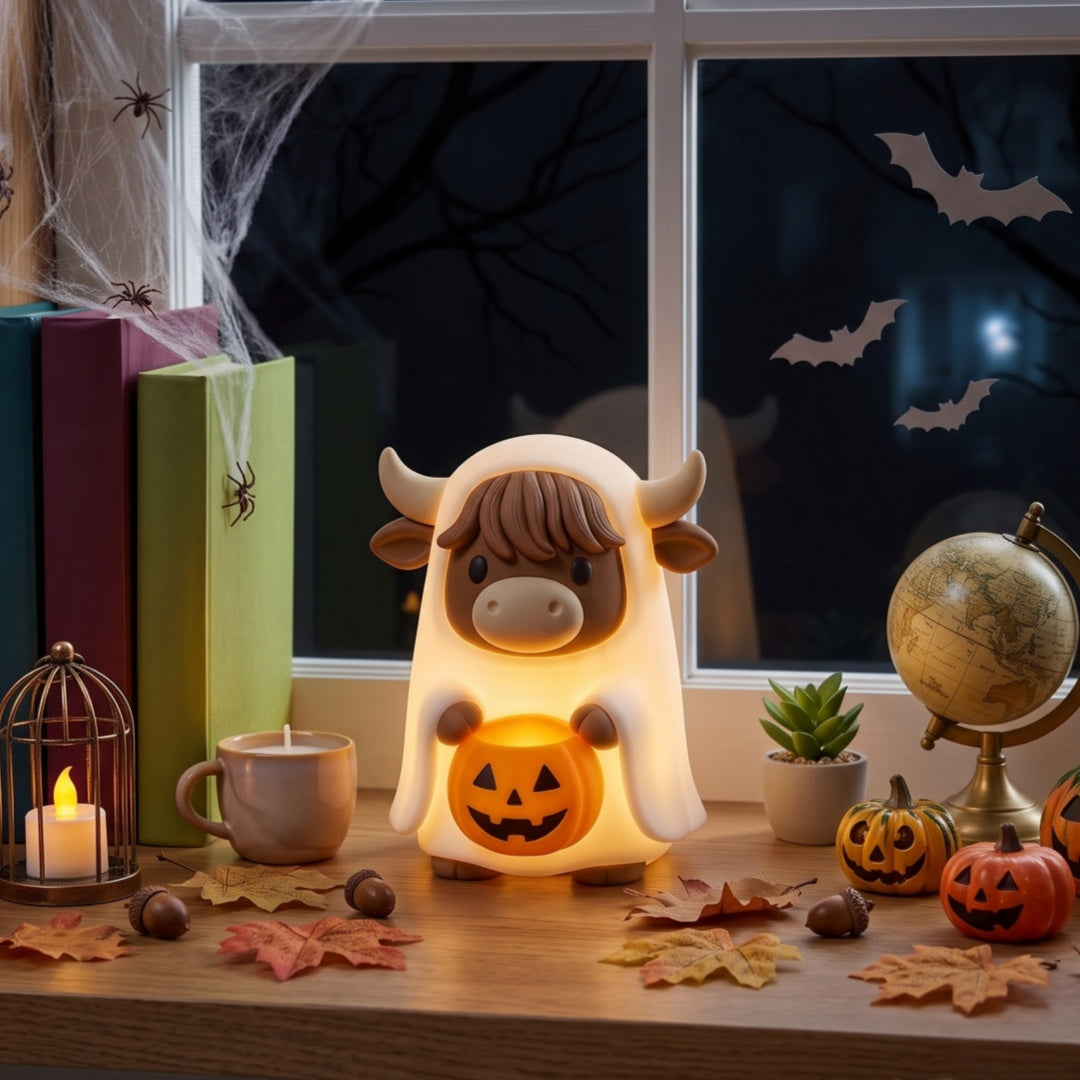 Highland Cow Ghost Pumpkin Night Light – Cute Warm Glow Halloween Lamp Gift for Farm & Cottage Lovers