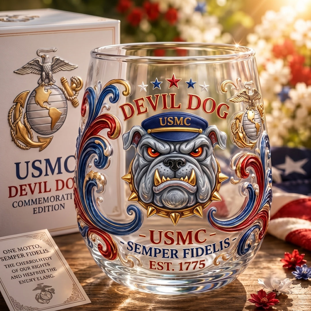 USMC Devil Dog Glass Commemorative Gift Set——Ffor Veterans, Active Marines & Military Families