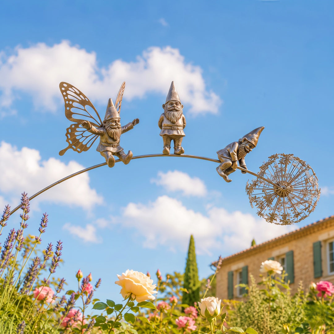 🧚 Three Gnomes & Dandelion Metal Garden Stake
