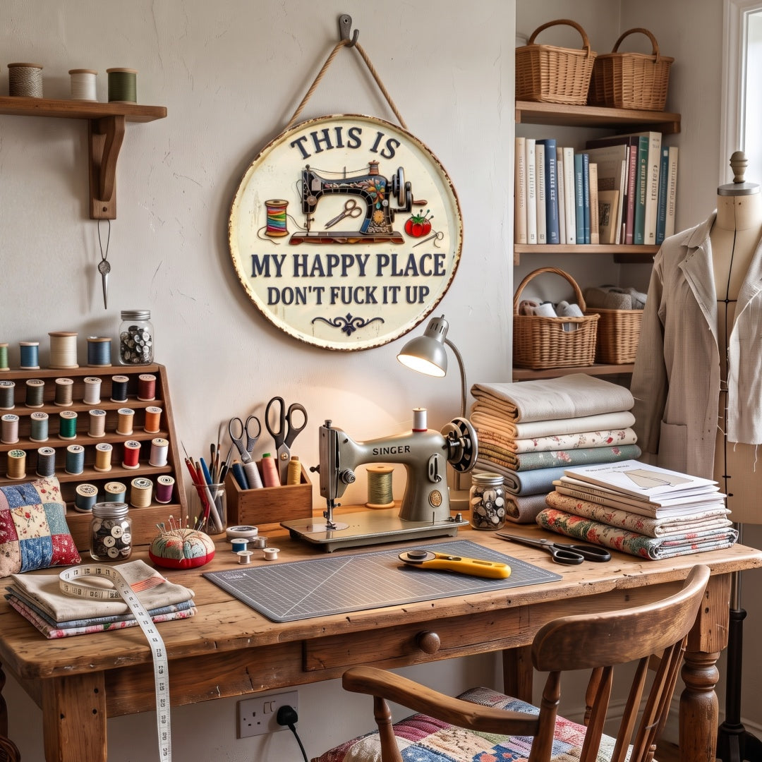 Vintage Sewing Machine Round Metal Sign – “This Is My Happy Place” For Sewers, Quilters & Crafters