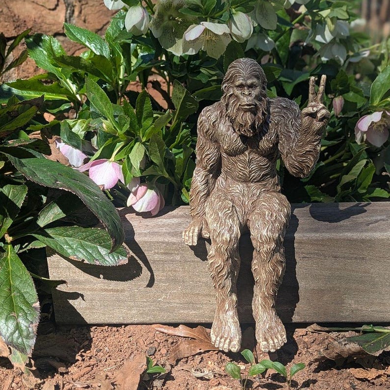 Bigfoot Peace Sign Sasquatch Yeti Statue Indoor/Outdoor for Patio, Deck, Home, Office 10 in H Shelf Sitter Figurine