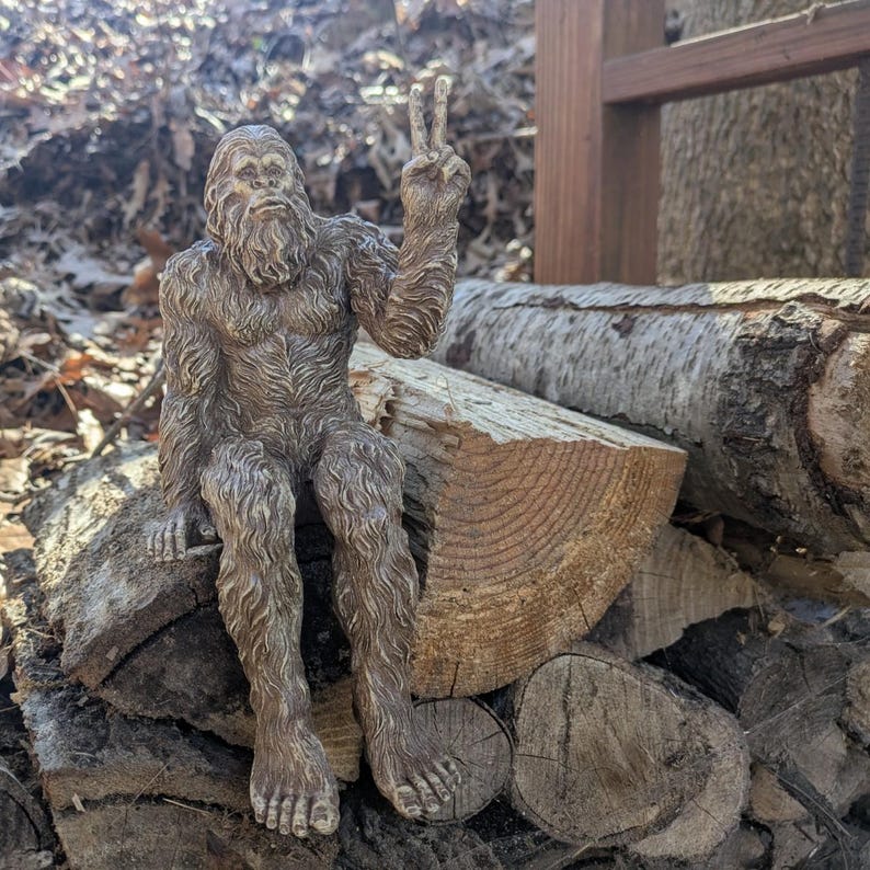 Bigfoot Peace Sign Sasquatch Yeti Statue Indoor/Outdoor for Patio, Deck, Home, Office 10 in H Shelf Sitter Figurine