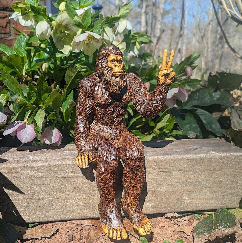 Bigfoot Peace Sign Sasquatch Yeti Statue Indoor/Outdoor for Patio, Deck, Home, Office 10 in H Shelf Sitter Figurine