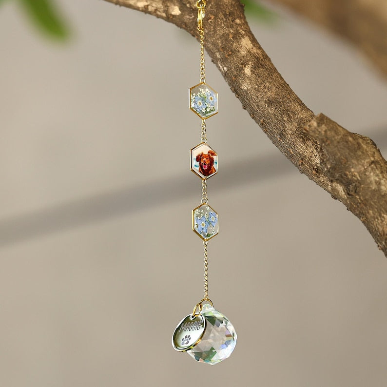 Custom Pet Photo Wind Chime, Forget Me Not Pressed Flowers, Pet Memorial Gift