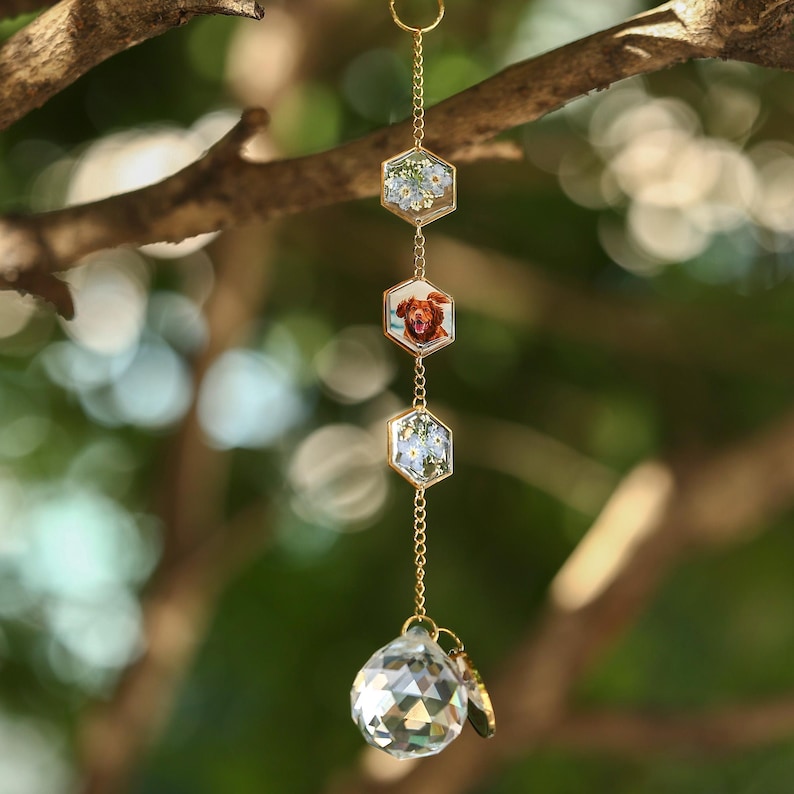 Custom Pet Photo Wind Chime, Forget Me Not Pressed Flowers, Pet Memorial Gift