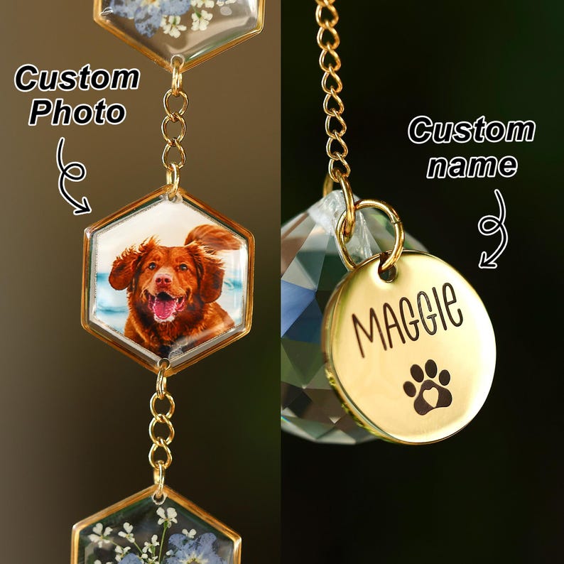 Custom Pet Photo Wind Chime, Forget Me Not Pressed Flowers, Pet Memorial Gift