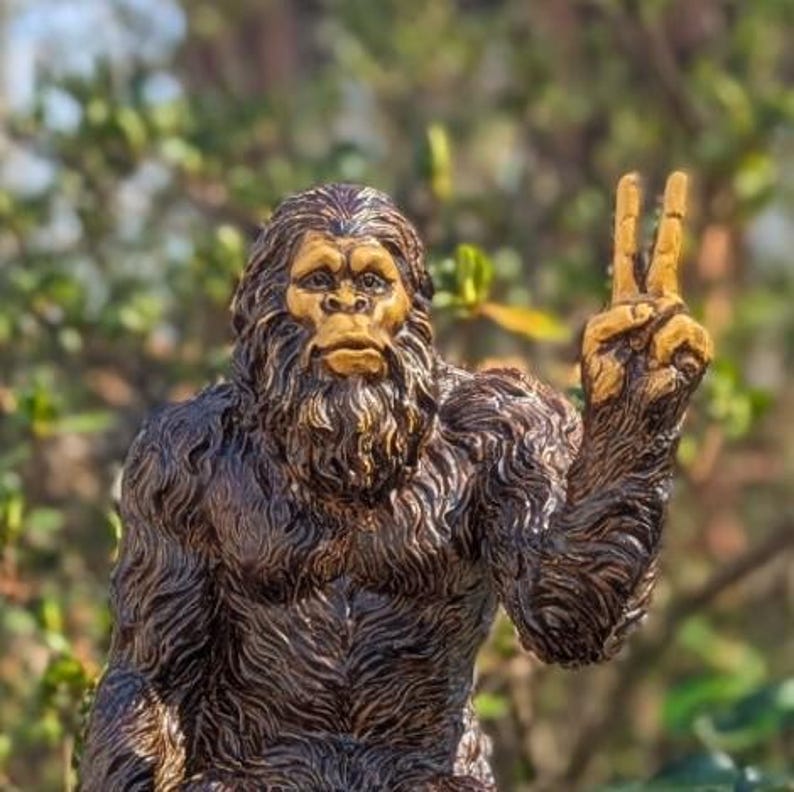 Bigfoot Peace Sign Sasquatch Yeti Statue Indoor/Outdoor for Patio, Deck, Home, Office 10 in H Shelf Sitter Figurine