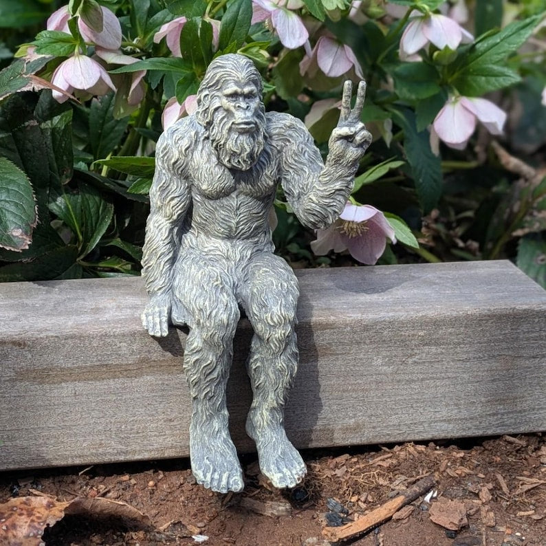 Bigfoot Peace Sign Sasquatch Yeti Statue Indoor/Outdoor for Patio, Deck, Home, Office 10 in H Shelf Sitter Figurine