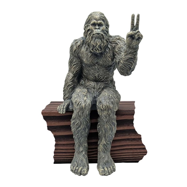 Bigfoot Peace Sign Sasquatch Yeti Statue Indoor/Outdoor for Patio, Deck, Home, Office 10 in H Shelf Sitter Figurine