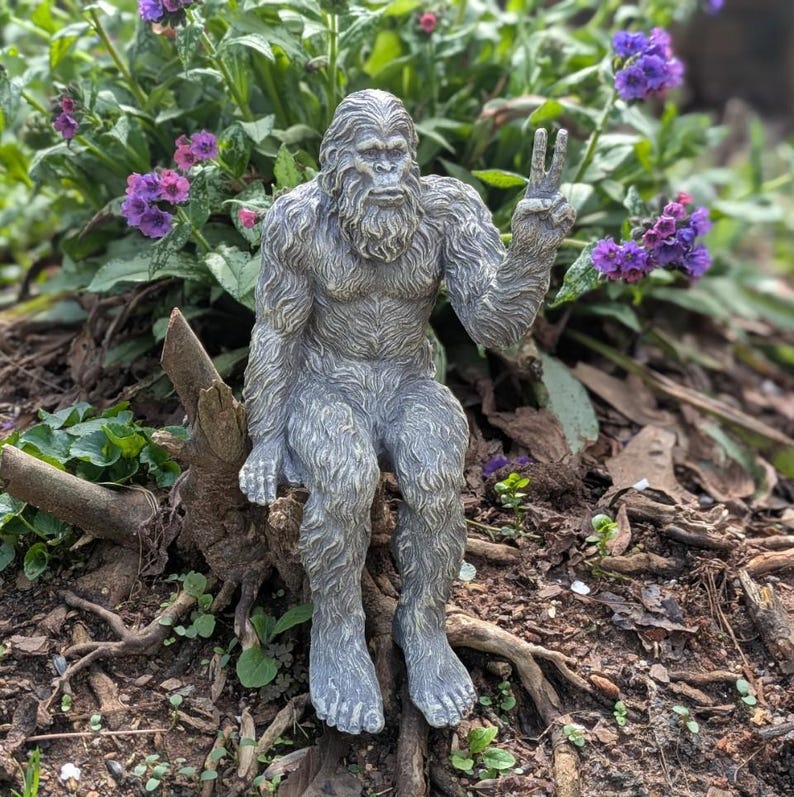 Bigfoot Peace Sign Sasquatch Yeti Statue Indoor/Outdoor for Patio, Deck, Home, Office 10 in H Shelf Sitter Figurine