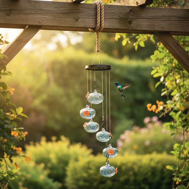 Hummingbird Feeder for Outdoor, Wind Chime - Hanging Type Bird-Attracting Glass Water Feeder - Multi Tier Garden Decor Set
