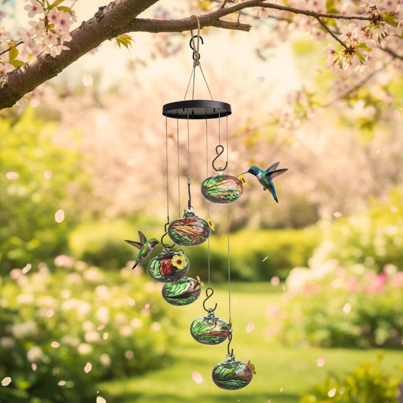 Hummingbird Feeder for Outdoor, Wind Chime - Hanging Type Bird-Attracting Glass Water Feeder - Multi Tier Garden Decor Set