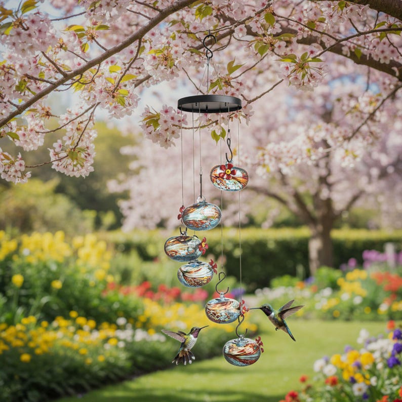 Hummingbird Feeder for Outdoor, Wind Chime - Hanging Type Bird-Attracting Glass Water Feeder - Multi Tier Garden Decor Set