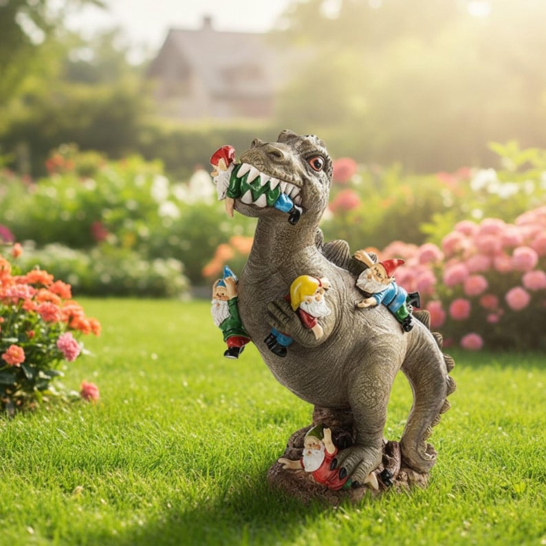 Dinosaur vs Gnomes Yard Decor – Outdoor Garden Decor in Forward or Backward View