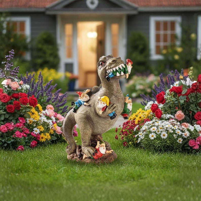 Dinosaur vs Gnomes Yard Decor – Outdoor Garden Decor in Forward or Backward View