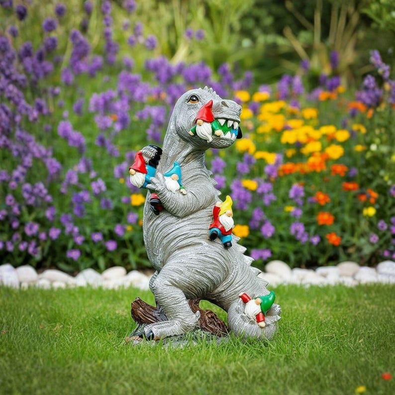 Dinosaur vs Gnomes Yard Decor – Outdoor Garden Decor in Forward or Backward View