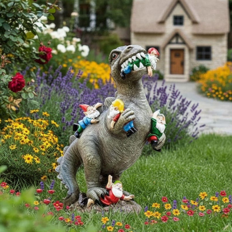 Dinosaur vs Gnomes Yard Decor – Outdoor Garden Decor in Forward or Backward View