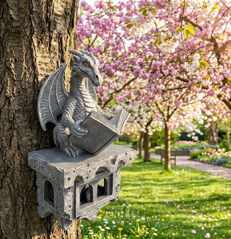 Dragon Reading Lantern Garden Statue | Solar Powered Outdoor Light | Fantasy Decor | Gothic l Ornament | Unique Gift for Book