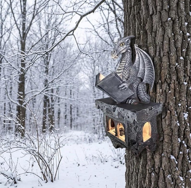Dragon Reading Lantern Garden Statue | Solar Powered Outdoor Light | Fantasy Decor | Gothic l Ornament | Unique Gift for Book