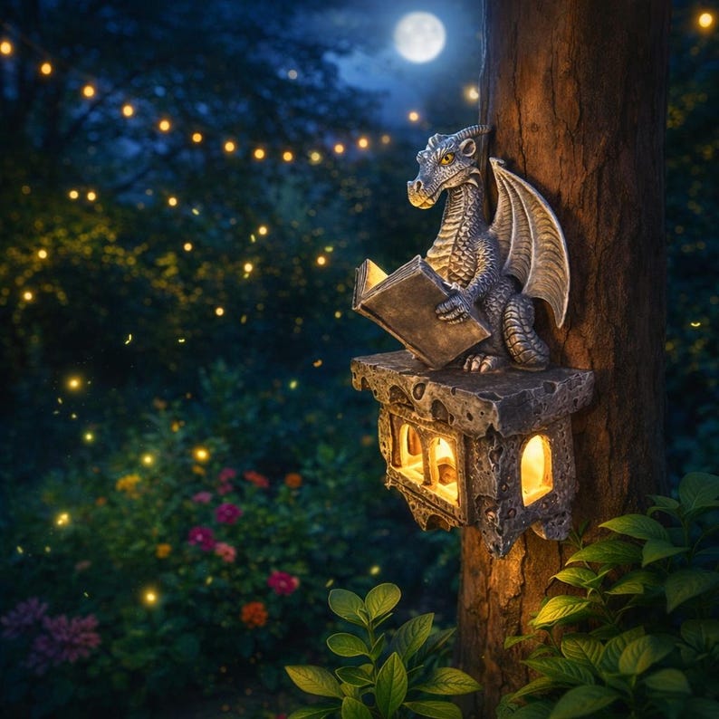 Dragon Reading Lantern Garden Statue | Solar Powered Outdoor Light | Fantasy Decor | Gothic l Ornament | Unique Gift for Book