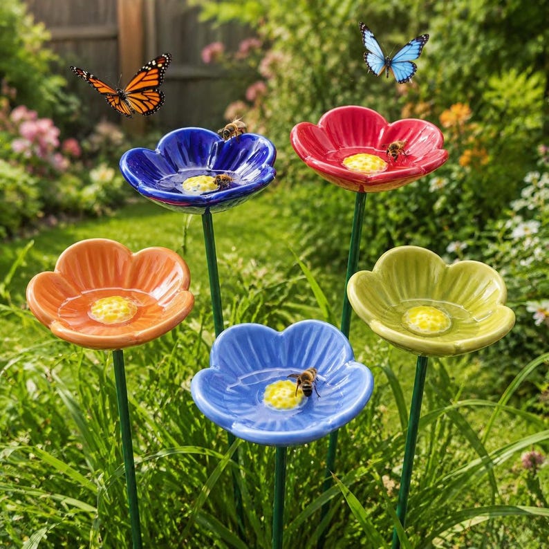 Handmade Ceramic Bee Water Station | Pollinator Watering Flower Stakes | Garden Bee Bath | Colorful  Garden Decor | Gift for Garden Lovers
