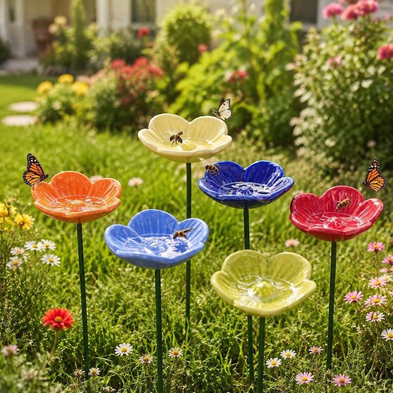 Handmade Ceramic Bee Water Station | Pollinator Watering Flower Stakes | Garden Bee Bath | Colorful  Garden Decor | Gift for Garden Lovers