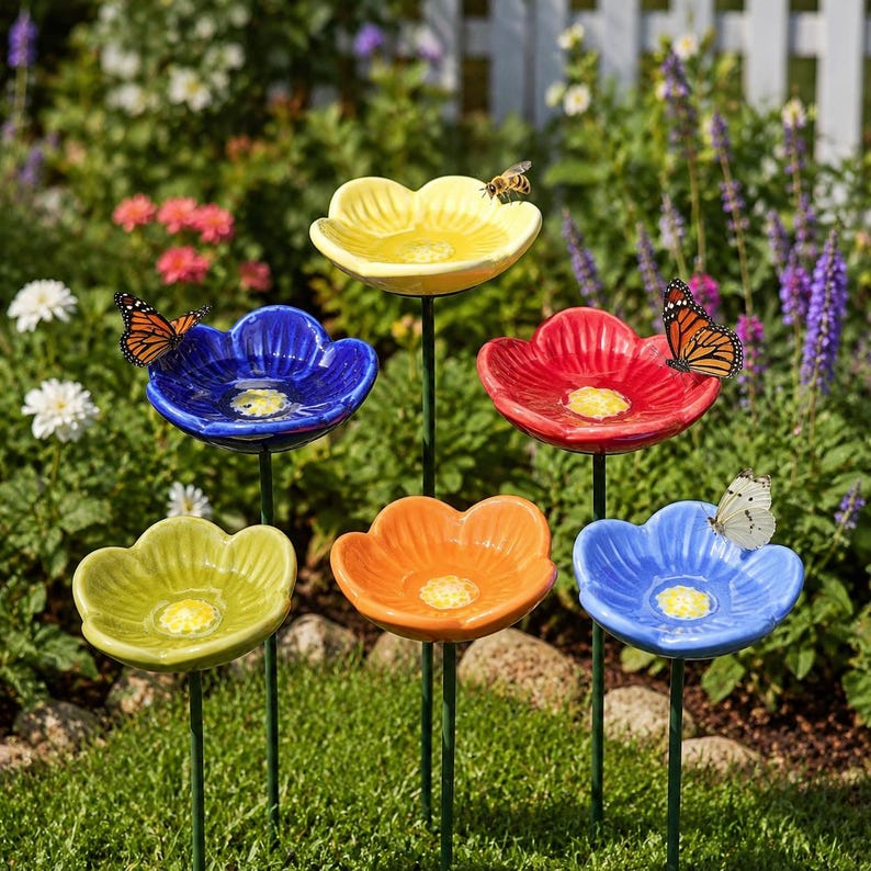 Handmade Ceramic Bee Water Station | Pollinator Watering Flower Stakes | Garden Bee Bath | Colorful  Garden Decor | Gift for Garden Lovers