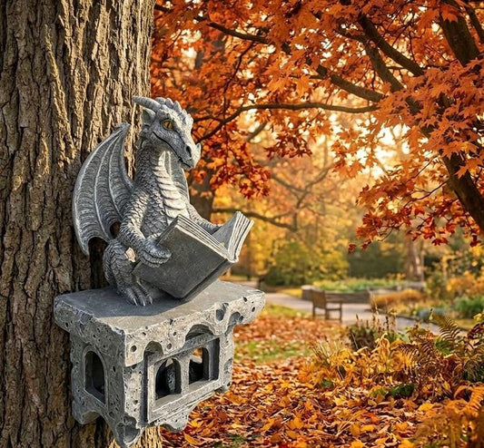 Dragon Reading Lantern Garden Statue | Solar Powered Outdoor Light | Fantasy Decor | Gothic l Ornament | Unique Gift for Book