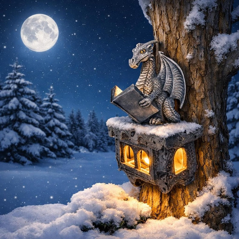 Dragon Reading Lantern Garden Statue | Solar Powered Outdoor Light | Fantasy Decor | Gothic l Ornament | Unique Gift for Book