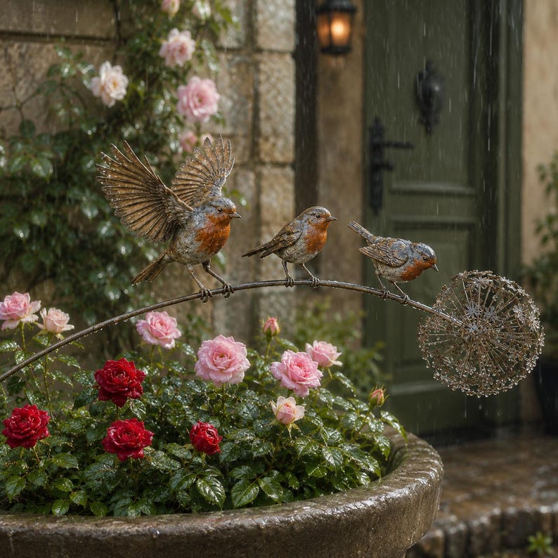 Robin Bird Garden Stake, Metal Dandelion Yard Art, Outdoor Bird Garden Decor, Whimsical Cottagecore Lawn Ornament, Gift for Bird Lovers