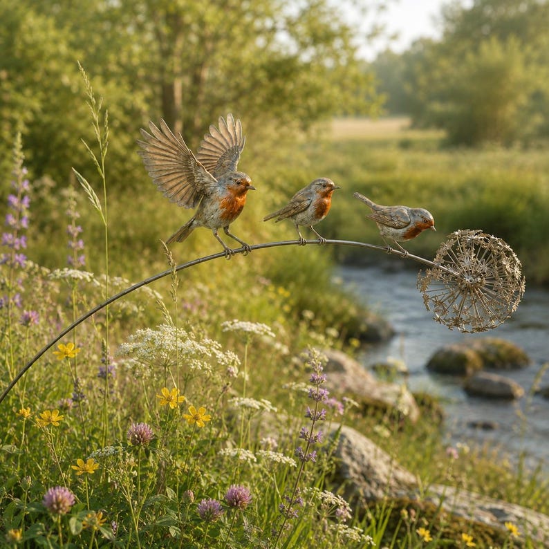 Robin Bird Garden Stake, Metal Dandelion Yard Art, Outdoor Bird Garden Decor, Whimsical Cottagecore Lawn Ornament, Gift for Bird Lovers