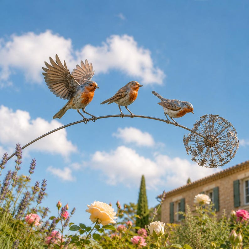 Robin Bird Garden Stake, Metal Dandelion Yard Art, Outdoor Bird Garden Decor, Whimsical Cottagecore Lawn Ornament, Gift for Bird Lovers